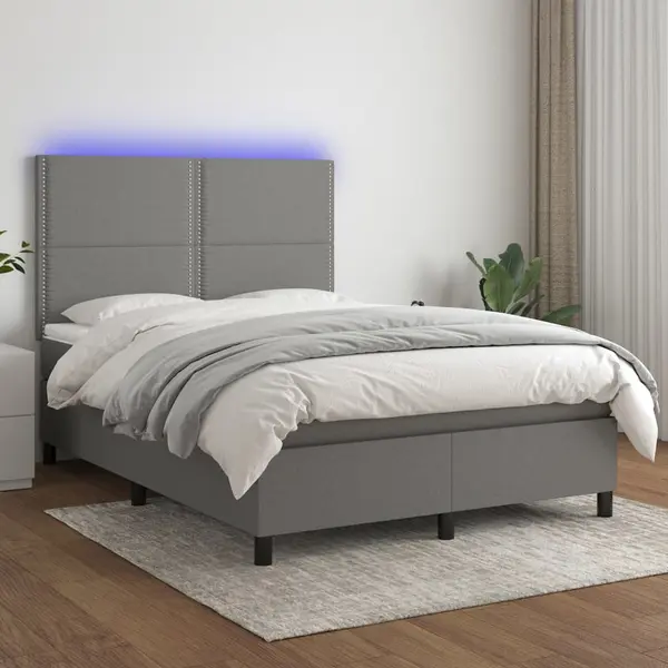 Gossi pat cu arcuri, saltea si led, gri inchis, 140x190 cm, textil