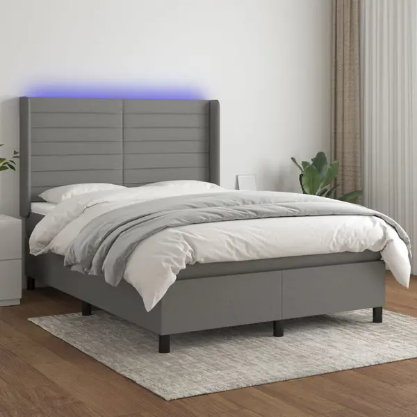 Gossi pat cu arcuri, saltea si led, gri inchis, 140x190 cm, textil