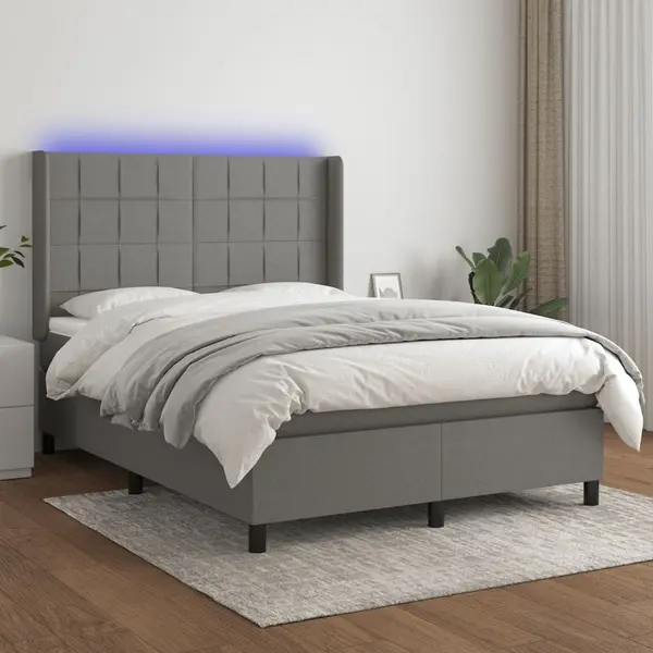 Gossi pat cu arcuri, saltea si led, gri inchis, 140x190 cm, textil