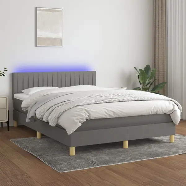 Gossi pat cu arcuri, saltea si led, gri inchis, 140x190 cm, textil