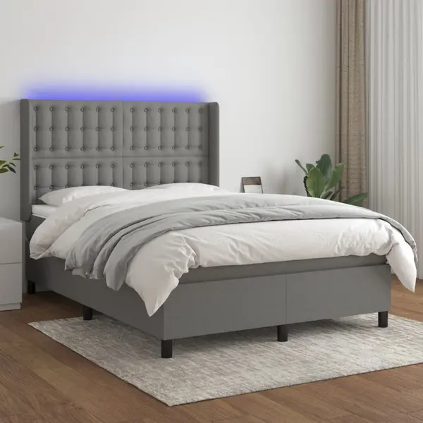 Gossi pat cu arcuri, saltea si led, gri inchis, 140x190 cm, textil