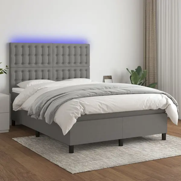 Gossi pat cu arcuri, saltea si led, gri inchis, 140x190 cm, textil