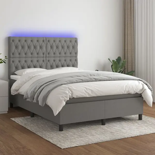 Gossi pat cu arcuri, saltea si led, gri inchis, 140x190 cm, textil