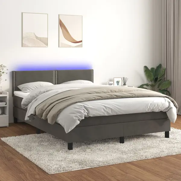 Gossi pat cu arcuri, saltea si led, gri inchis, 140x200 cm, catifea