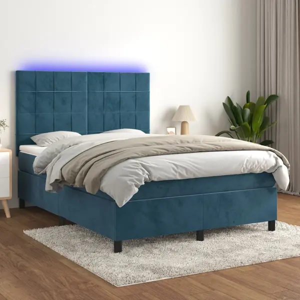 Gossi pat cu arcuri, saltea si led, gri inchis, 140x200 cm, catifea