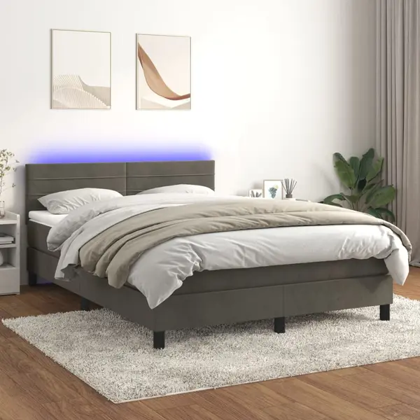 Gossi pat cu arcuri, saltea si led, gri inchis, 140x200 cm, catifea