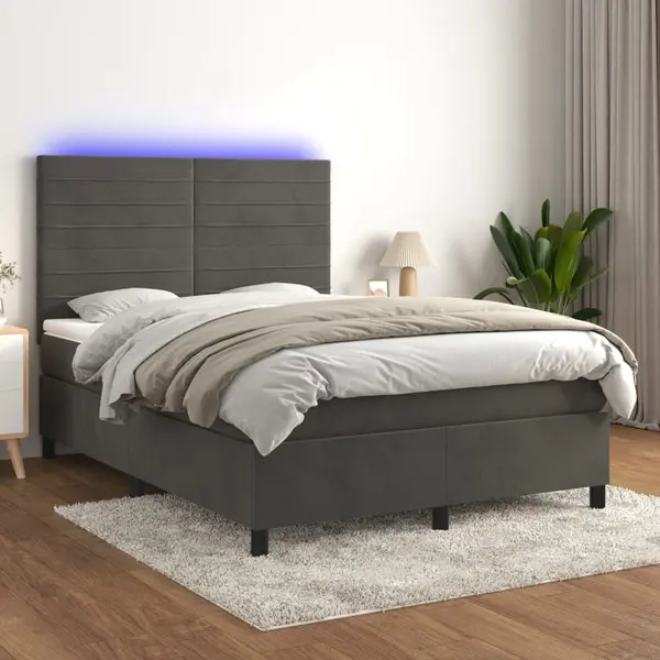 Gossi pat cu arcuri, saltea si led, gri inchis, 140x200 cm, catifea