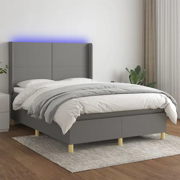 Gossi pat cu arcuri, saltea si led, gri inchis, 140x200 cm, textil