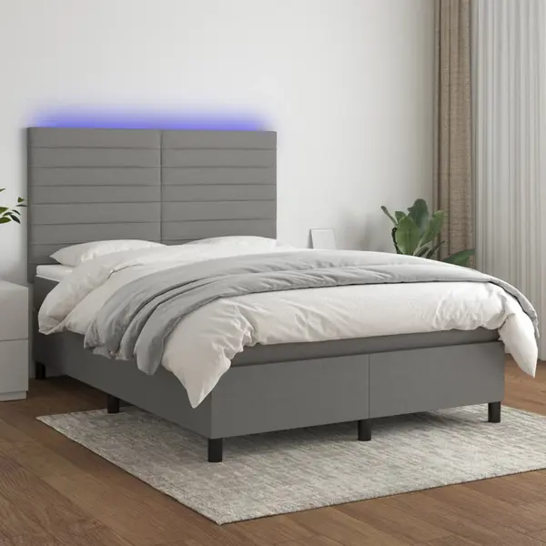 Gossi pat cu arcuri, saltea si led, gri inchis, 140x200 cm, textil