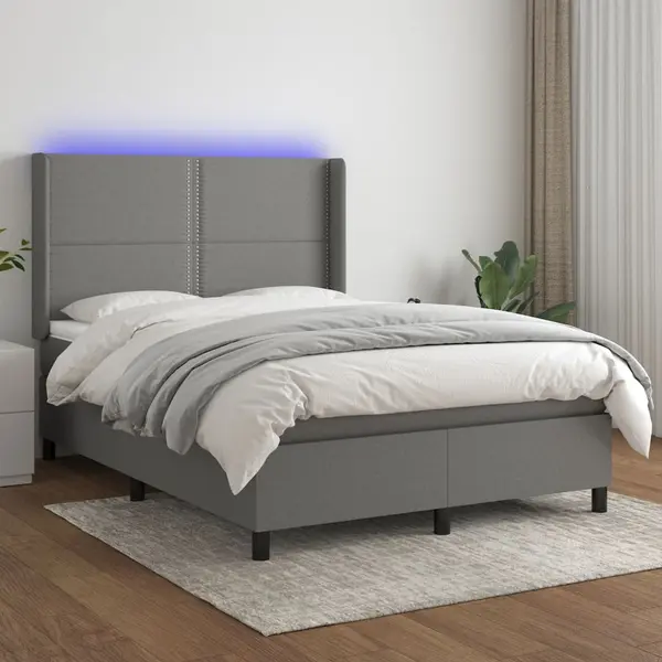 Gossi pat cu arcuri, saltea si led, gri inchis, 140x200 cm, textil