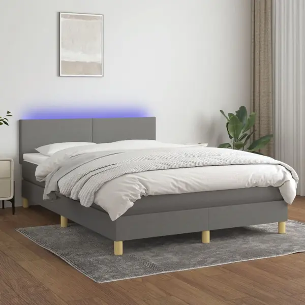 Gossi pat cu arcuri, saltea si led, gri inchis, 140x200 cm, textil