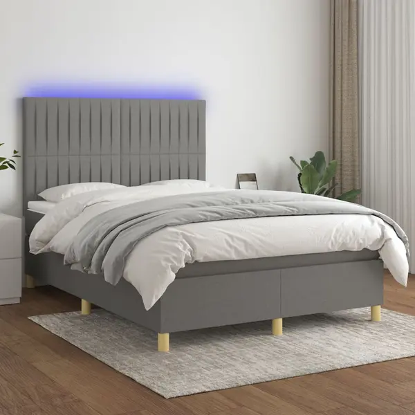 Gossi pat cu arcuri, saltea si led, gri inchis, 140x200 cm, textil