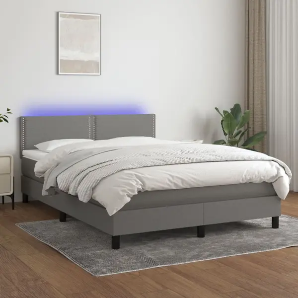 Gossi pat cu arcuri, saltea si led, gri inchis, 140x200 cm, textil