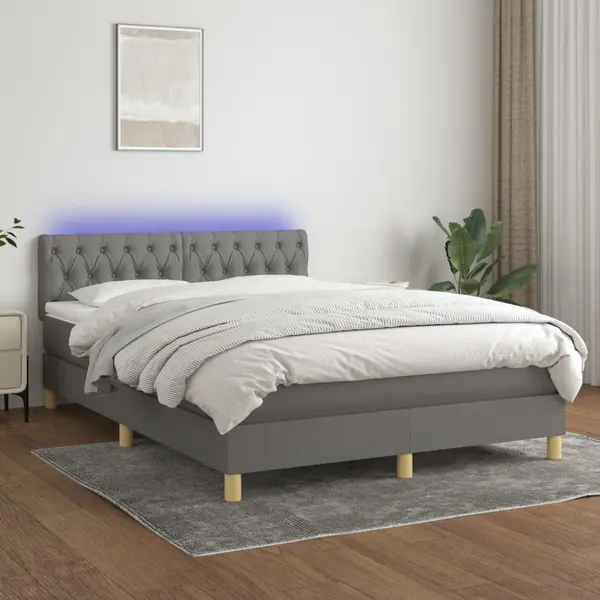 Gossi pat cu arcuri, saltea si led, gri inchis, 140x200 cm, textil