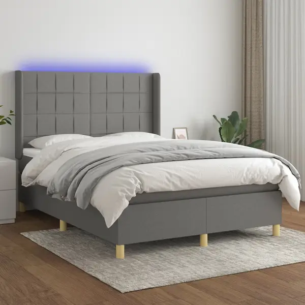 Gossi pat cu arcuri, saltea si led, gri inchis, 140x200 cm, textil