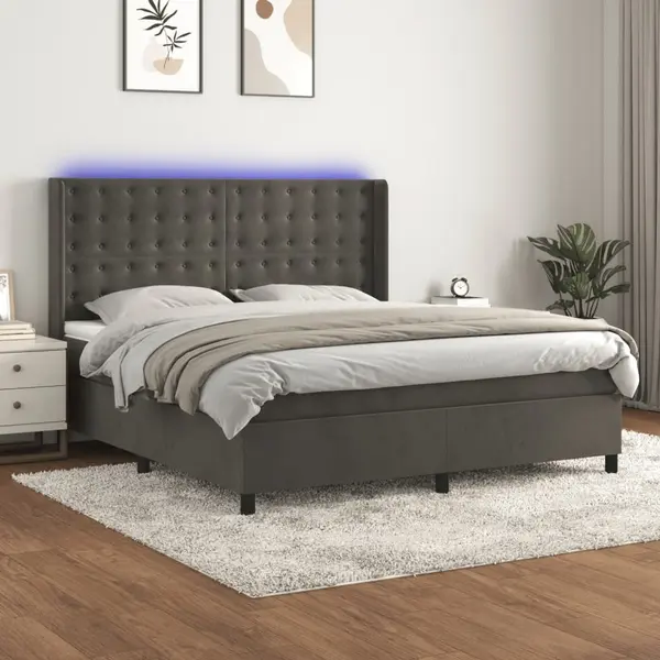 Gossi pat cu arcuri, saltea si led, gri inchis, 160x200 cm, catifea