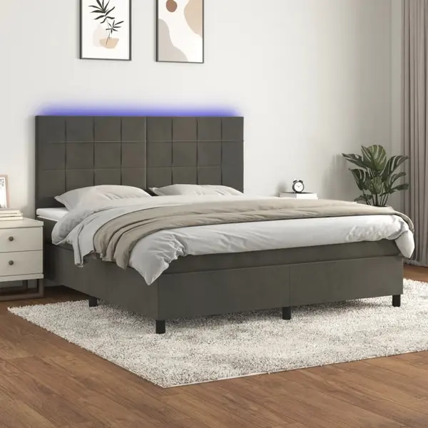 Gossi pat cu arcuri, saltea si led, gri inchis, 160x200 cm, catifea
