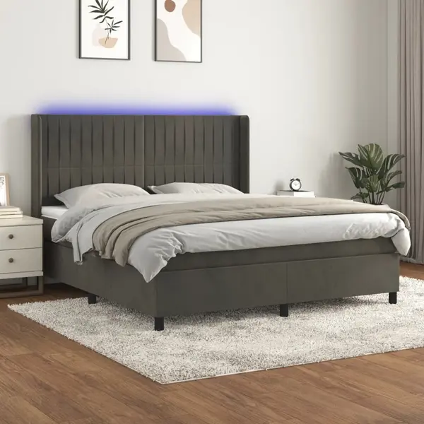 Gossi pat cu arcuri, saltea si led, gri inchis, 160x200 cm, catifea