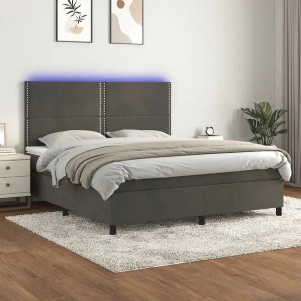 Gossi pat cu arcuri, saltea si led, gri inchis, 160x200 cm, catifea