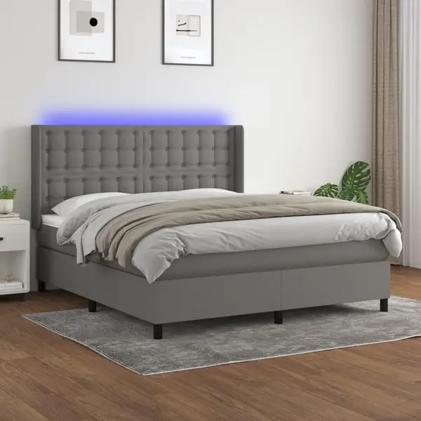Gossi pat cu arcuri, saltea si led, gri inchis, 160x200 cm, textil
