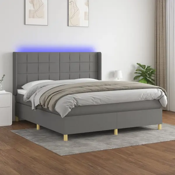 Gossi pat cu arcuri, saltea si led, gri inchis, 160x200 cm, textil
