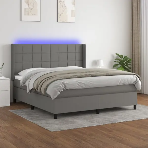 Gossi pat cu arcuri, saltea si led, gri inchis, 160x200 cm, textil