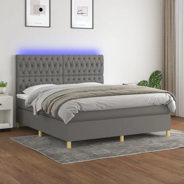 Gossi pat cu arcuri, saltea si led, gri inchis, 160x200 cm, textil