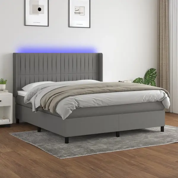 Gossi pat cu arcuri, saltea si led, gri inchis, 160x200 cm, textil
