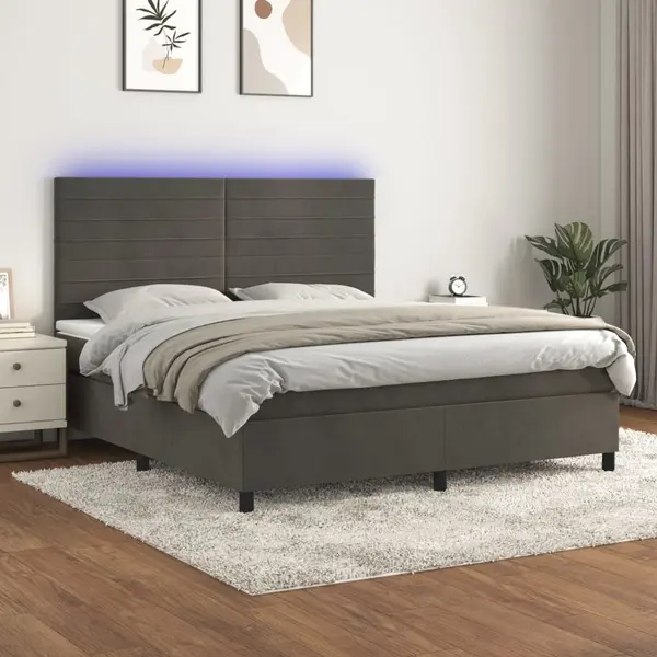 Gossi pat cu arcuri, saltea si led, gri inchis, 180x200 cm, catifea