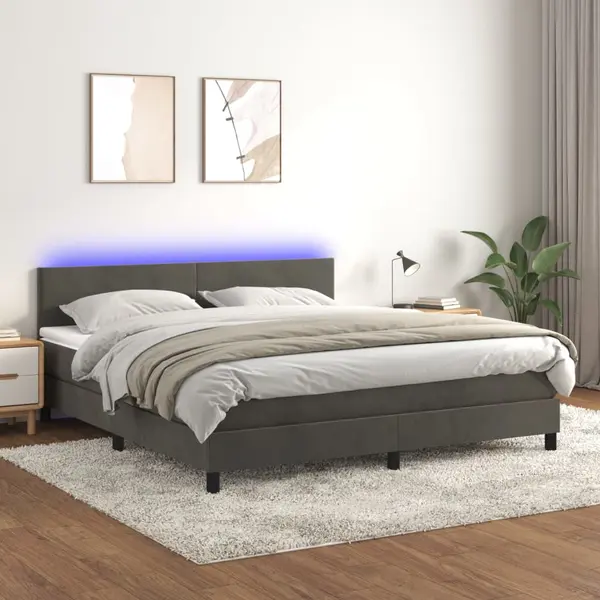 Gossi pat cu arcuri, saltea si led, gri inchis, 180x200 cm, catifea