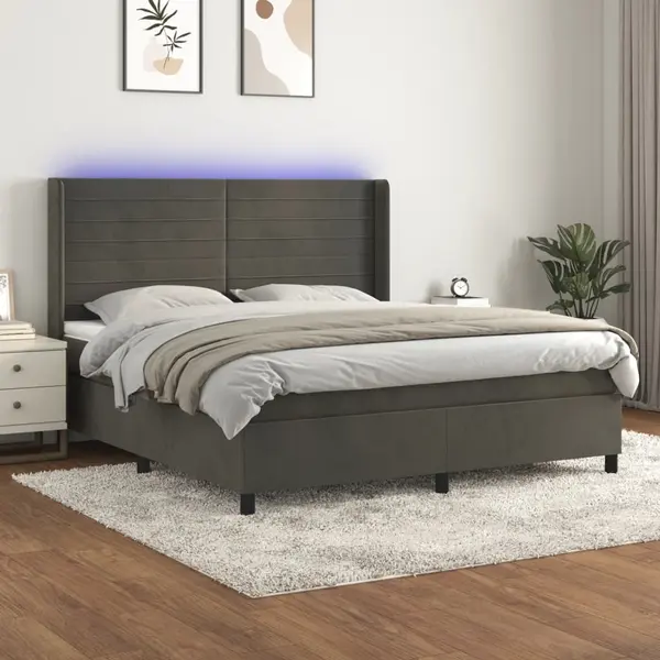 Gossi pat cu arcuri, saltea si led, gri inchis, 180x200 cm, catifea