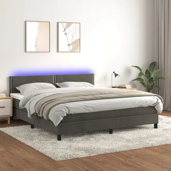Gossi pat cu arcuri, saltea si led, gri inchis, 180x200 cm, catifea