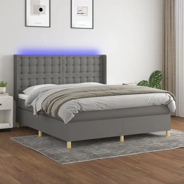 Gossi pat cu arcuri, saltea si led, gri inchis, 180x200 cm, textil