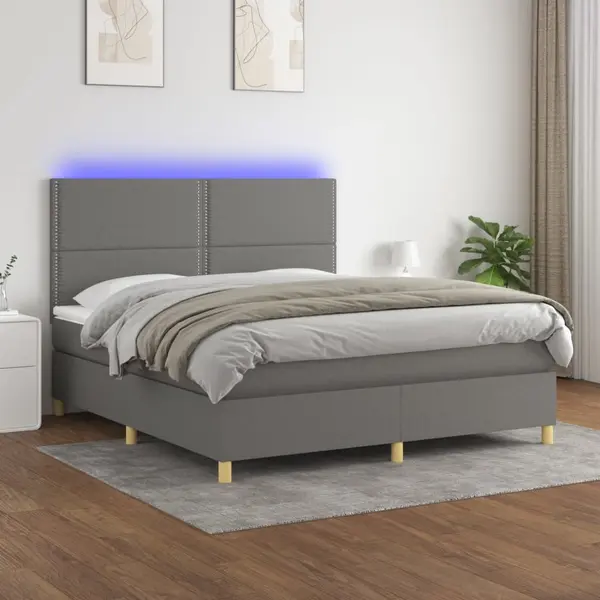Gossi pat cu arcuri, saltea si led, gri inchis, 180x200 cm, textil