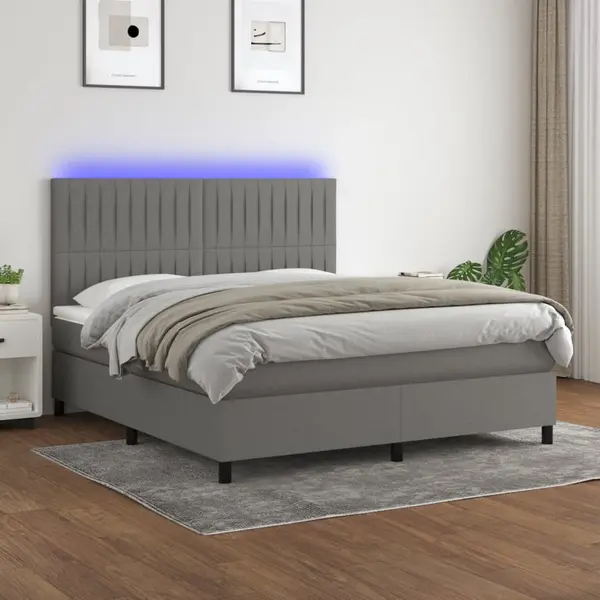 Gossi pat cu arcuri, saltea si led, gri inchis, 180x200 cm, textil
