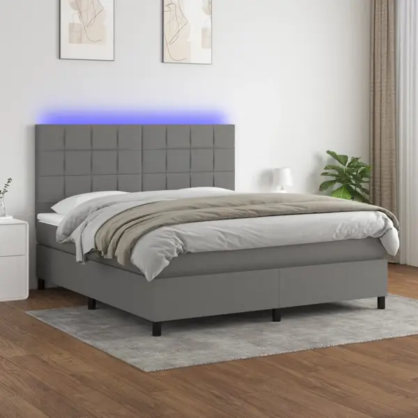 Gossi pat cu arcuri, saltea si led, gri inchis, 180x200 cm, textil