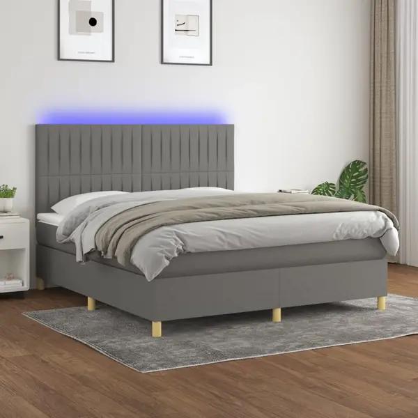 Gossi pat cu arcuri, saltea si led, gri inchis, 180x200 cm, textil