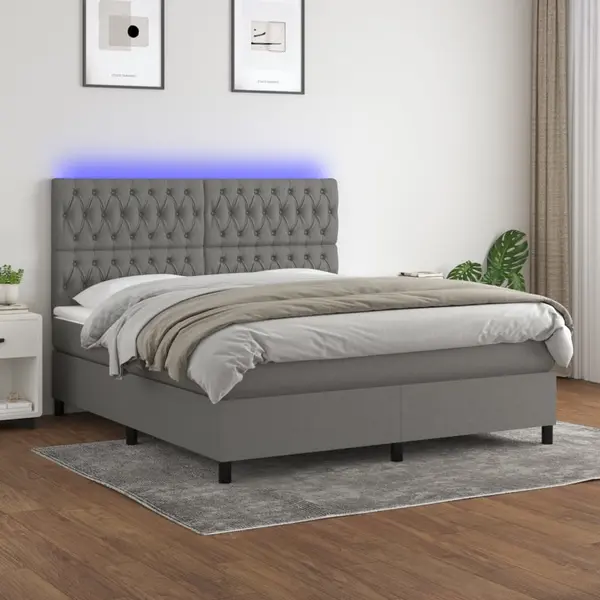 Gossi pat cu arcuri, saltea si led, gri inchis, 180x200 cm, textil