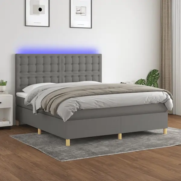 Gossi pat cu arcuri, saltea si led, gri inchis, 180x200 cm, textil