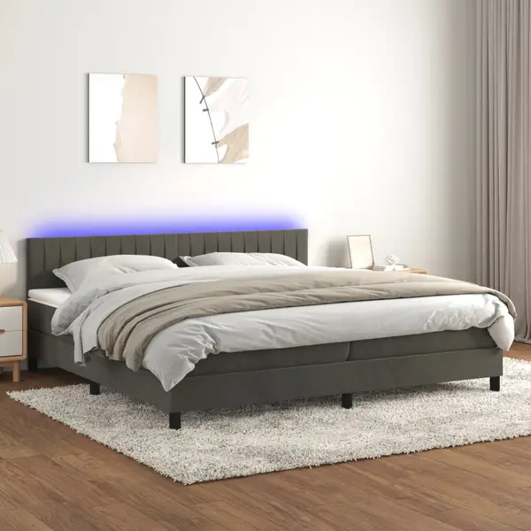 Gossi pat cu arcuri, saltea si led, gri inchis, 200x200 cm, catifea