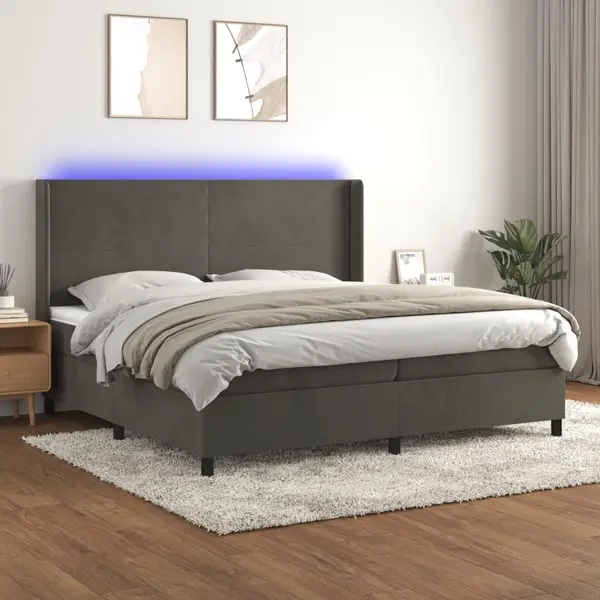 Gossi pat cu arcuri, saltea si led, gri inchis, 200x200 cm, catifea