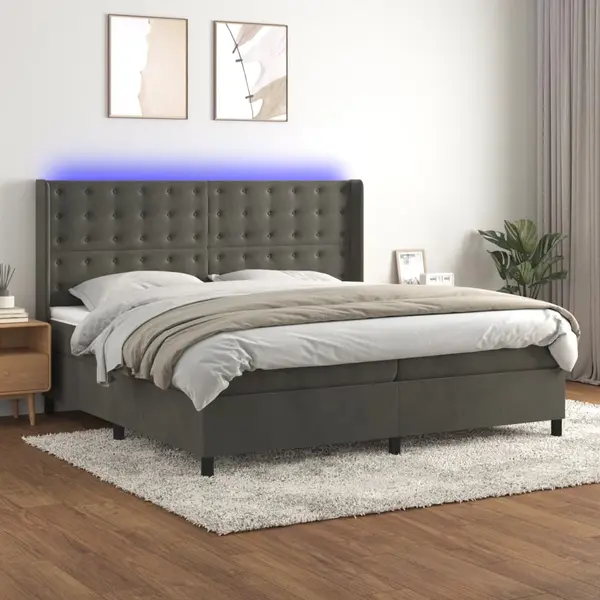 Gossi pat cu arcuri, saltea si led, gri inchis, 200x200 cm, catifea