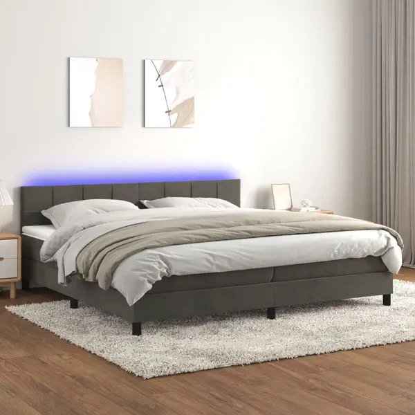 Gossi pat cu arcuri, saltea si led, gri inchis, 200x200 cm, catifea