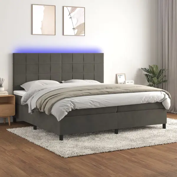 Gossi pat cu arcuri, saltea si led, gri inchis, 200x200 cm, catifea