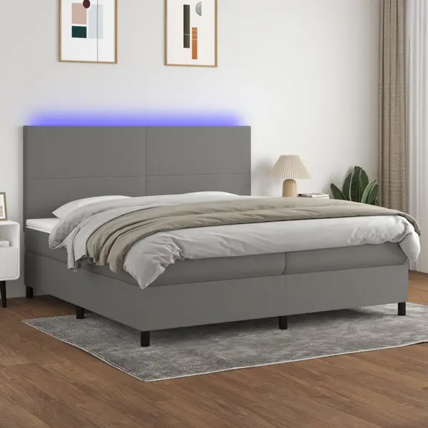 Gossi pat cu arcuri, saltea si led, gri inchis, 200x200 cm, textil