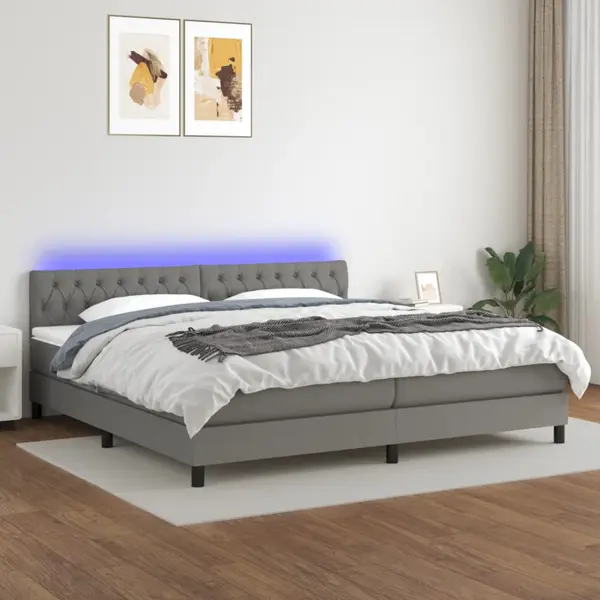 Gossi pat cu arcuri, saltea si led, gri inchis, 200x200 cm, textil