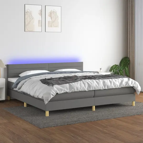 Gossi pat cu arcuri, saltea si led, gri inchis, 200x200 cm, textil