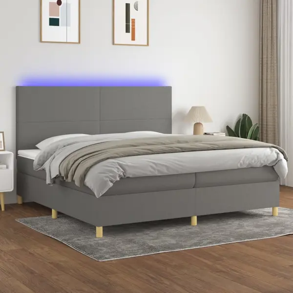 Gossi pat cu arcuri, saltea si led, gri inchis, 200x200 cm, textil
