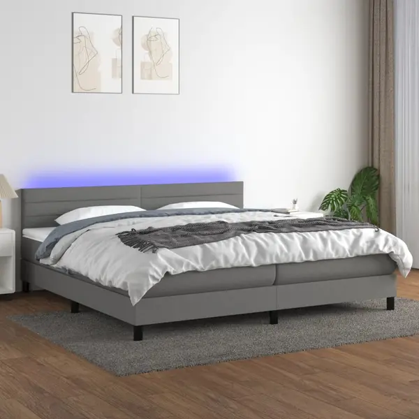 Gossi pat cu arcuri, saltea si led, gri inchis, 200x200 cm, textil