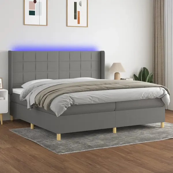 Gossi pat cu arcuri, saltea si led, gri inchis, 200x200 cm, textil